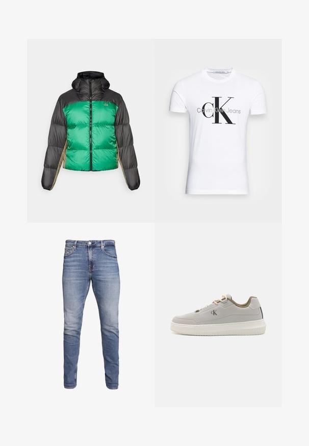 Jachetă puffer cu față verde, umeri negri și panouri laterale bej. Dispune de un guler înalt, fermoar complet și textură umplută.; Tricou alb din bumbac, cu un logo negru "CK" și textul "Calvin Klein Jeans", cu mâneci scurte și un guler clasic rotund.; Jeans slim-fit de culoare albastră, cu cinci buzunare, spălare decolorată, închidere cu nasture și suport pentru curea, prezentate pe un fundal alb.; Pantofii sport gri deschis au o textură netedă, talpă din cauciuc alb, șnururi bej și un branding subtil. Au un design low-top și un guler căptușit.