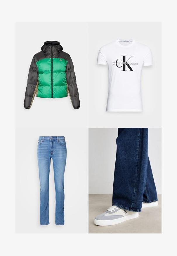 Jakna s punjenjem koja ima zeleni prednji dio, crne ramena i bež bočne panele. Ima visoki ovratnik, potpuni zatvarač i pojačanu teksturu.; Bijela pamučna majica s crnim "CK" logotipom i natpisom "Calvin Klein Jeans", kratki rukavi i klasičan okrugli izrez.; Svijetloplave slim-fit traperice s prednjim zatvaračem na gumbi i patentnom kopčom, pet džepova i suptilnim izbljeđivanjem na bedrima i koljenima.; Sivi i bijeli tenisice s glatkom nubukom i platnenim gornjim dijelom, s vezicama i logotipom, upareni s tamnoplavim širokim trapericama.