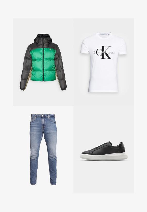 Kuisim jacket, jossa on vihreä etuosa, mustat olat ja beige sivupaneelit. Se on varustettu korkealla kauluksella, täyspitkällä vetoketjulla ja pehmeällä, topatulla pinnalla.; Valkoinen puuvillateeppari, jossa on musta "CK"-logo ja "Calvin Klein Jeans" -teksti, lyhyet hihat ja klassinen pyöreä kaula-aukko.; Siniset farkut, joissa on slim fit -leikkaus, keskihaalari, viiden taskun muotoilu, haalistunut pesu ja vaaleat kulumajäljet edessä ja takana.; Mustat nahkakengät, joissa on sileä pinta, valkoinen kumipohja, pyöreä muoto, kuusi reikää nauhoille ja hillitty brändäys kantapäässä.