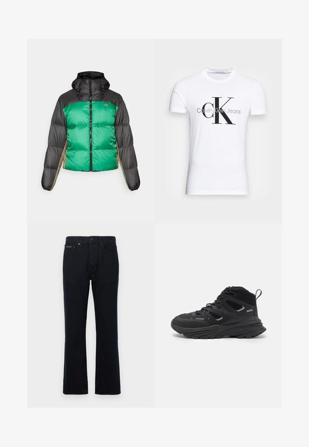 Dygsniuota striukė su žalia priekiu, juodais pečiais ir béžinėmis šoninėmis panelėmis. Ji turi aukštą apykaklę, pilną užtrauktuką ir paminkštintą struktūrą.; Balta medvilninė marškinėliai su juodu "CK" logotipu ir "Calvin Klein Jeans" tekstu, trumpomis rankovėmis ir klasikine apvalia iškirpte.; Juodi džinsai iš džinso audinio su tiesiomis kojomis, sagos užsegimu ir dviem priekinių kišenių. Audinys turi lygią tekstūrą su minimaliomis detalėmis.; Juodi žygio batai su sluoksniuota struktūra, tekstūruota medžiaga ir guma padanga, su sutvirtintomis sritimis ir raištelių užsegimu.