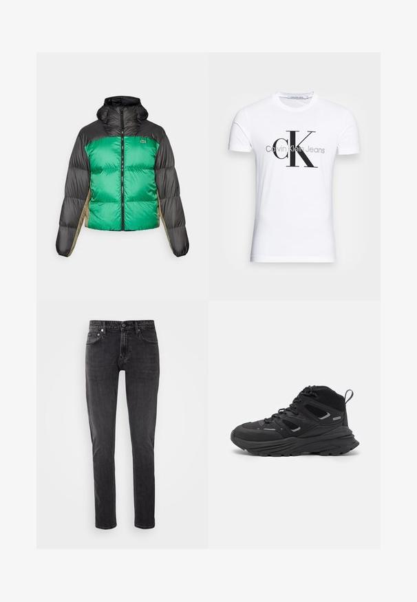 Jakna s punjenjem koja ima zeleni prednji dio, crne ramena i bež bočne panele. Ima visoki ovratnik, potpuni zatvarač i pojačanu teksturu.; Bijela pamučna majica s crnim "CK" logotipom i natpisom "Calvin Klein Jeans", kratki rukavi i klasičan okrugli izrez.; Crne traperice od denima slim kroja, s dizajnom od pet džepova i kopčanjem na gumb. Karakteriziraju ih klasični šavovi i blagi izblijedjeli efekt.; Crne planinarske cipele s višeslojnim dizajnom, teksturiranom tkaninom i gumenenim potplatom, s ojačanim dijelovima i vezicama sprijeda.