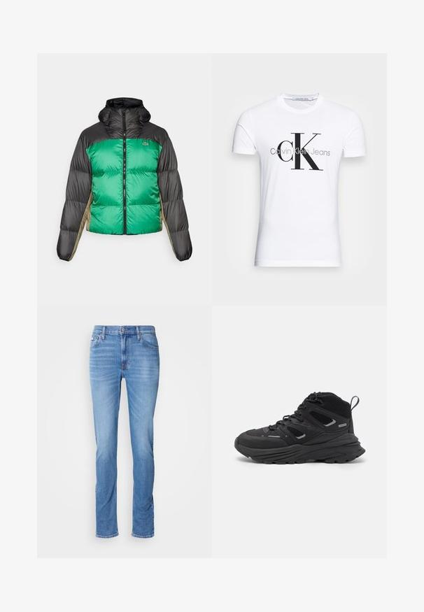 Kurtka puchowa z zielonym przodem, czarnymi ramionami i beżowymi panelami bocznymi. Posiada wysoki kołnierz, zamek błyskawiczny na całej długości oraz pikowaną teksturę.; Biała bawełniana koszulka z krótkim rękawem z czarnym logo "CK" oraz napisem "Calvin Klein Jeans", z klasycznym okrągłym dekoltem.; Jasnoniebieskie jeansy slim fit z przednim zapięciem na guziki i zamek, pięcioma kieszeniami oraz delikatnym wyblądzeniem na udach i kolanach.; Czarne buty trekkingowe z warstwowym wzornictwem, teksturowanym materiałem i gumową podeszwą, z wzmocnionymi obszarami i sznurowanym przodem.