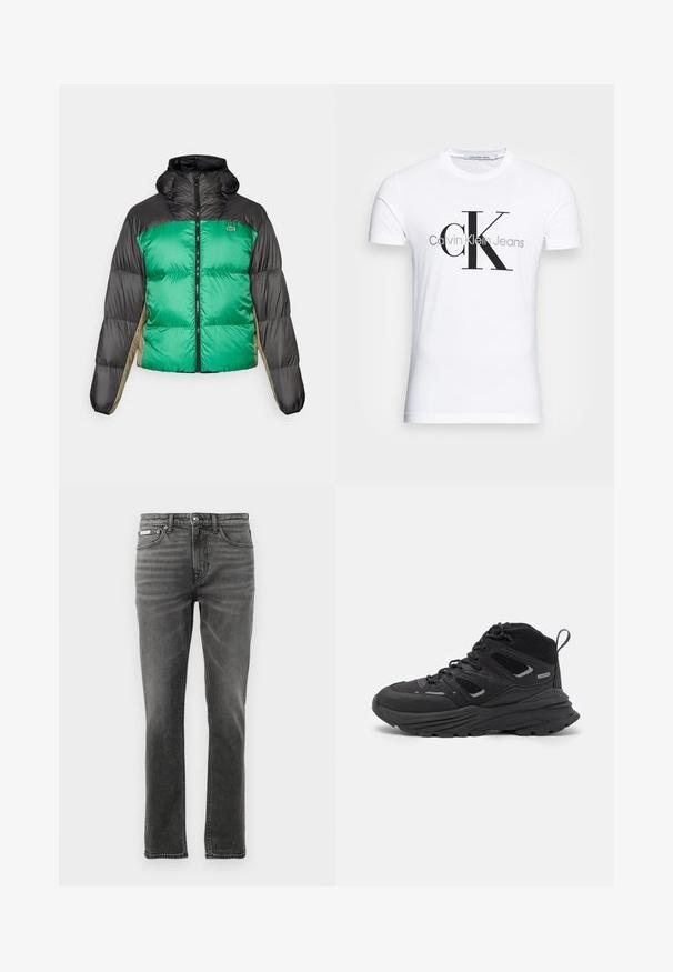 Casaco tipo puffer com frente verde, ombros pretos e painéis laterais bege. Tem um colarinho alto, fecho completo e textura almofadada.; T-shirt de algodão branco com um logotipo preto "CK" e o texto "Calvin Klein Jeans", com mangas curtas e um decote redondo clássico.; Calças de ganga cinzas escuras com corte reto, design de cinco bolsos, padrões de desbotamento subtil e detalhes em metal na cintura.; Botas de caminhada pretas com um design em camadas, tecido texturizado e sola de borracha, com áreas reforçadas e atacadores na frente.