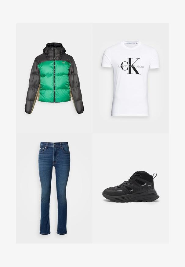 Chaqueta tipo plumón con un frente verde, hombros negros y paneles laterales beige. Tiene un collar alto, cierre completo y textura acolchada.; Camiseta de algodón blanca con un logo negro "CK" y el texto "Calvin Klein Jeans", manga corta y un clásico escote redondo.; Vaqueros ajustados de tiro medio en azul con diseño clásico de cinco bolsillos y detalles deslavados sobre un fondo blanco.; Botas de senderismo negras con un diseño estratificado, tejido texturizado y suela de goma, con áreas reforzadas y cordones en la parte delantera.