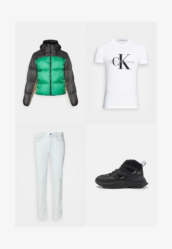 Casaco tipo puffer com frente verde, ombros pretos e painéis laterais bege. Tem um colarinho alto, fecho completo e textura almofadada.; T-shirt de algodão branco com um logotipo preto "CK" e o texto "Calvin Klein Jeans", com mangas curtas e um decote redondo clássico.; Calças de ganga azul claro com um design de perna reta, cinco bolsos e fecho frontal com botão. Apresenta costura discreta e um ajuste clássico.; Botas de caminhada pretas com um design em camadas, tecido texturizado e sola de borracha, com áreas reforçadas e atacadores na frente.