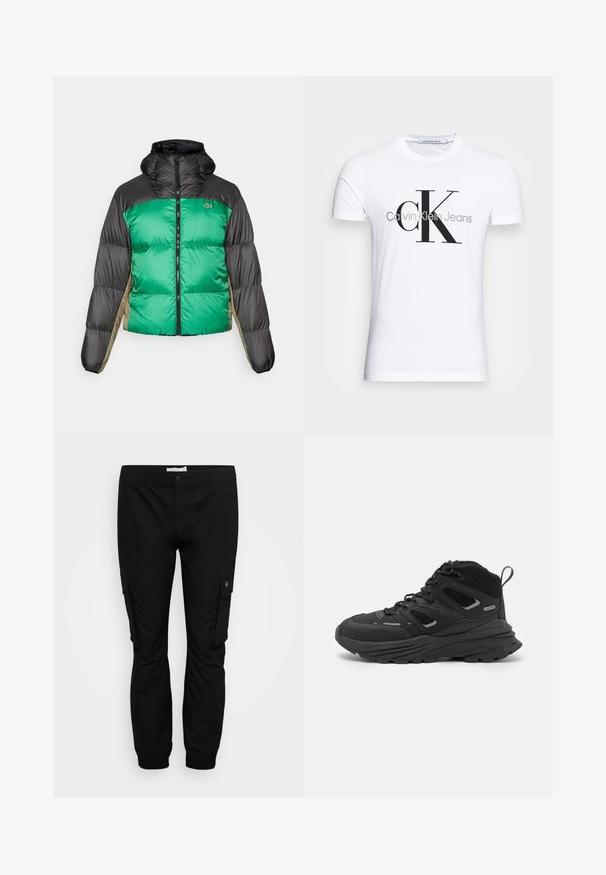 Pufferjack die een groene voorkant, zwarte schouders en beige zijpanelen heeft. Het heeft een hoge kraag, volledige rits en een gewatteerde textuur.; Witte katoenen t-shirt met een zwart "CK" logo en de tekst "Calvin Klein Jeans", korte mouwen en een klassieke ronde hals.; Zwarte cargobroek met een elastische taille, taps toelopende pijpen en zijzakken. Gemaakt van lichte stof met een gladde textuur.; Zwarte wandelschoenen met een gelaagd ontwerp, textiele stof en rubberen zool, met verstevigde delen en een vetersluiting aan de voorkant.