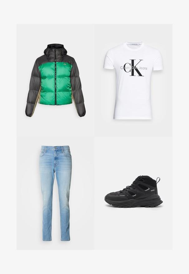 Jakna s punjenjem koja ima zeleni prednji dio, crne ramena i bež bočne panele. Ima visoki ovratnik, potpuni zatvarač i pojačanu teksturu.; Bijela pamučna majica s crnim "CK" logotipom i natpisom "Calvin Klein Jeans", kratki rukavi i klasičan okrugli izrez.; Svijetloplava traperice s ravnim nogavicama, suptilnim izblijedjelostima i klasičnim dizajnom s pet džepova. Imaju zatvaranje na gumba i petlje za remen.; Crne planinarske cipele s višeslojnim dizajnom, teksturiranom tkaninom i gumenenim potplatom, s ojačanim dijelovima i vezicama sprijeda.