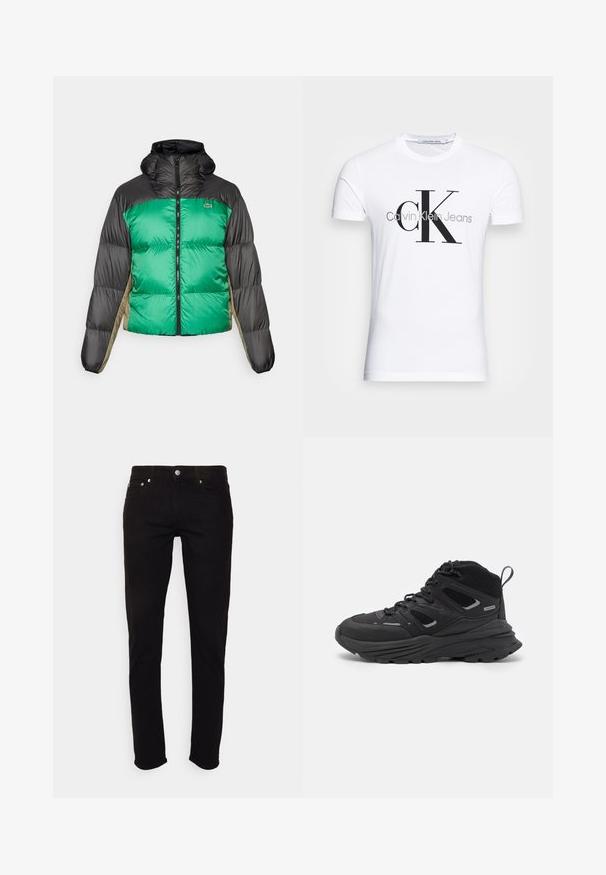 Casaco tipo puffer com frente verde, ombros pretos e painéis laterais bege. Tem um colarinho alto, fecho completo e textura almofadada.; T-shirt de algodão branco com um logotipo preto "CK" e o texto "Calvin Klein Jeans", com mangas curtas e um decote redondo clássico.; Calças jeans pretas feitas de denim com um corte slim, design de cinco bolsos e detalhes em metal, apresentando um fecho clássico de botão e zíper.; Botas de caminhada pretas com um design em camadas, tecido texturizado e sola de borracha, com áreas reforçadas e atacadores na frente.