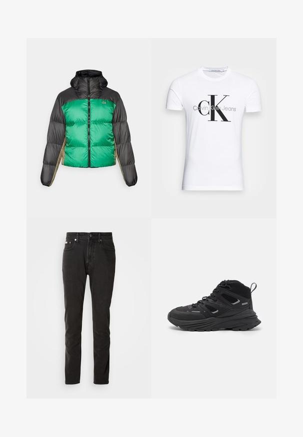 Puhasta jakna z zelenim sprednjim delom, črnimi rameni in bež stranskimi paneli. Ima visok ovratnik, popoln zadrgo in podloženo teksturo.; Bela bomba majica iz bombaža z črnim logotipom "CK" in napisom "Calvin Klein Jeans", kratkimi rokavi in klasičnim okroglim ovratnikom.; Črni denim kavbojke s ravnim krojem, petimi žepi, gumbom za zapiranje ter diskretnimi kontrastnimi šivi.; Črne pohodne čevlje z večplastno zasnovo, teksturirano tkanino in gumijastim podplatom, z ojačanimi deli in vezalkami spredaj.