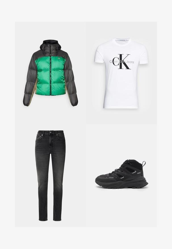 Kurtka puchowa z zielonym przodem, czarnymi ramionami i beżowymi panelami bocznymi. Posiada wysoki kołnierz, zamek błyskawiczny na całej długości oraz pikowaną teksturę.; Biała bawełniana koszulka z krótkim rękawem z czarnym logo "CK" oraz napisem "Calvin Klein Jeans", z klasycznym okrągłym dekoltem.; Czarne dżinsy wykonane z denimu, z prostym krojem, pięcioma kieszeniami i zapięciem na guzik. Jasne przetarcia nadają tkaninie charakterystyczną teksturę.; Czarne buty trekkingowe z warstwowym wzornictwem, teksturowanym materiałem i gumową podeszwą, z wzmocnionymi obszarami i sznurowanym przodem.
