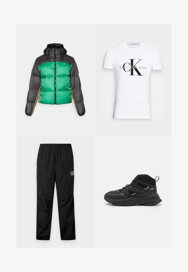 Pufjakas ar zaļu priekšpusi, melniem pleciem un bēšiem sānu paneļiem. Tam ir augsts apkakle, pilnīga zips un pamatota tekstūra.; Baltas kokvilnas T-krekls ar melnu "CK" logo un tekstu "Calvin Klein Jeans", īsām piedurknēm un klasisku apaļu kakla izgriezumu.; Melni lietus bikses, kas izgatavotas no viegla, ūdensizturīga materiāla. Iespējas ar elastīgu jostasvietu un logo detaļu sānos. Gluda tekstūra.; Melnas pārgājienu kurpes ar slāņotu dizainu, teksturētu audumu un gumijas zoli, ar nostiprinātām vietām un auklām priekšā.