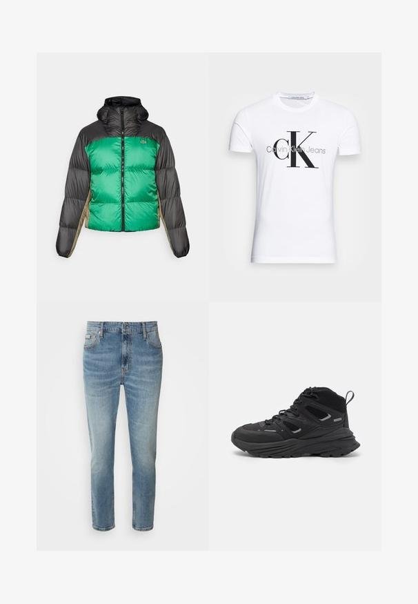 Chaqueta tipo plumón con un frente verde, hombros negros y paneles laterales beige. Tiene un collar alto, cierre completo y textura acolchada.; Camiseta de algodón blanca con un logo negro "CK" y el texto "Calvin Klein Jeans", manga corta y un clásico escote redondo.; Vaqueros de mezclilla azul claro con corte recto, cinco bolsillos y un ligero desgaste. Cuentan con un cierre de botón y cremallera, así como una cinturilla clásica.; Botas de senderismo negras con un diseño estratificado, tejido texturizado y suela de goma, con áreas reforzadas y cordones en la parte delantera.