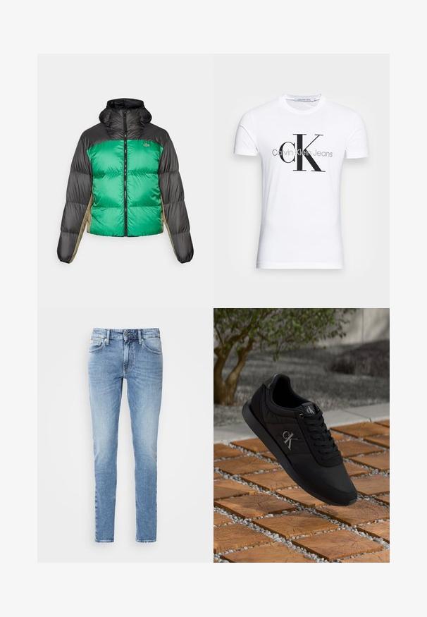 Φούτερ μπουφάν με πράσινο μπροστινό μέρος, μαύρους ώμους και μπεζ πλευρικές πάνελ. Έχει υψηλό γιακά, πλήρη φερμουάρ και υφή με επένδυση.; Λευκό βαμβακερό μπλουζάκι με μαύρο λογότυπο "CK" και κείμενο "Calvin Klein Jeans", κοντά μανίκια και κλασικό στρογγυλό ντεκολτέ.; Ανοιχτό μπλε τζιν παντελόνι slim fit, με κλασικό σχέδιο πέντε τσεπών, κλείσιμο με κουμπί και διακριτική φθορά για ένα φθαρμένο ύφος.; Μαύρα αθλητικά παπούτσια με επενδεδυμένη υφή, που διαθέτουν λείο πέλμα και γυαλισμένο λογότυπο. Οι κορδόνες είναι μαύρες, και ο συνολικός σχεδιασμός είναι κομψός και μινιμαλιστικός.