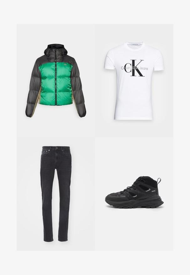 Chaqueta tipo plumón con un frente verde, hombros negros y paneles laterales beige. Tiene un collar alto, cierre completo y textura acolchada.; Camiseta de algodón blanca con un logo negro "CK" y el texto "Calvin Klein Jeans", manga corta y un clásico escote redondo.; Jeans de denim gris oscuro con un corte recto. Presentan bolsillos frontales, cierre de botón y detalles de costura sutíl. Textura suave.; Botas de senderismo negras con un diseño estratificado, tejido texturizado y suela de goma, con áreas reforzadas y cordones en la parte delantera.