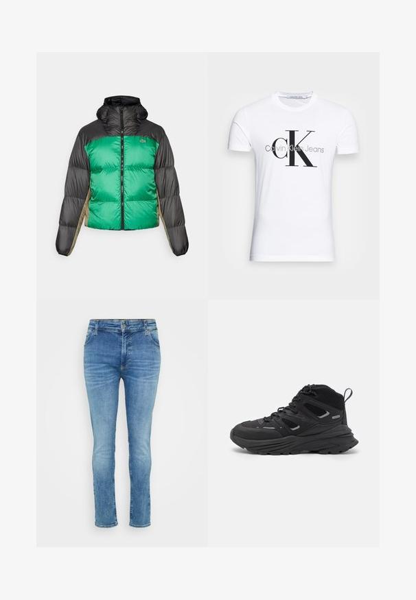 Chaqueta tipo plumón con un frente verde, hombros negros y paneles laterales beige. Tiene un collar alto, cierre completo y textura acolchada.; Camiseta de algodón blanca con un logo negro "CK" y el texto "Calvin Klein Jeans", manga corta y un clásico escote redondo.; Vaqueros de mezclilla azul claro con corte ajustado, que cuentan con un diseño clásico de cinco bolsillos y un cierre de cremallera con botón. Acabado de lavado vintage.; Botas de senderismo negras con un diseño estratificado, tejido texturizado y suela de goma, con áreas reforzadas y cordones en la parte delantera.