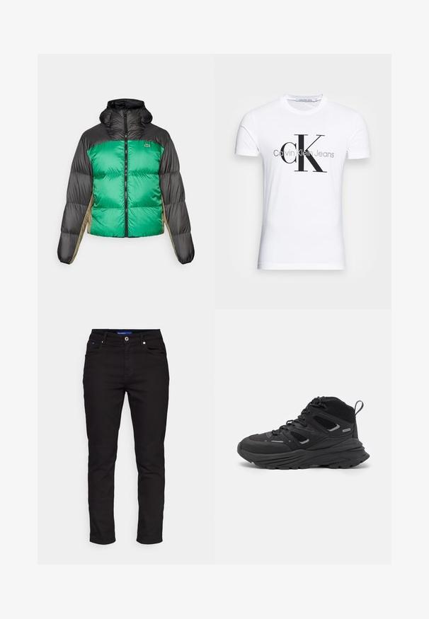 Puffjakker, millel on roheline eesmine osa, mustad õlad ja beežid külgpaneelid. Sellel on kõrge kaelus, täispikk tõmblukk ja polsterdatud tekstuur.; Valge puuvillane T-särk, millel on must "CK" logo ja "Calvin Klein Jeans" tekst, lühikesed varrukad ning klassikaline ümmargune kaelus.; Mustadest denimist valmistatud mustad teksad, mis on otse lõikega, viie taskuga, nööbiga sulgemisega ja kontrastsete õmbluse detailidega.; Mustad matkajalatsid, millel on kihiline disain, tekstureeritud kangas ja kummist tallad, tugevduskohtadega ning sidumisfront.