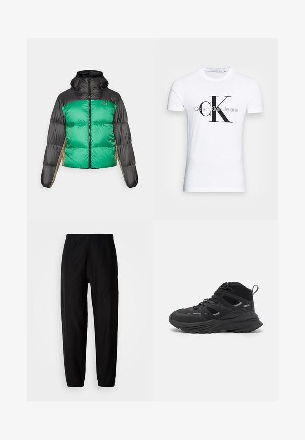 Pufferjack die een groene voorkant, zwarte schouders en beige zijpanelen heeft. Het heeft een hoge kraag, volledige rits en een gewatteerde textuur.; Witte katoenen t-shirt met een zwart "CK" logo en de tekst "Calvin Klein Jeans", korte mouwen en een klassieke ronde hals.; Zwarte sweatpants met een elastische tailleband, smal toelopende pijpen en cuffs. Gladde stofstructuur. Logodetail aan de zijkant.; Zwarte wandelschoenen met een gelaagd ontwerp, textiele stof en rubberen zool, met verstevigde delen en een vetersluiting aan de voorkant.