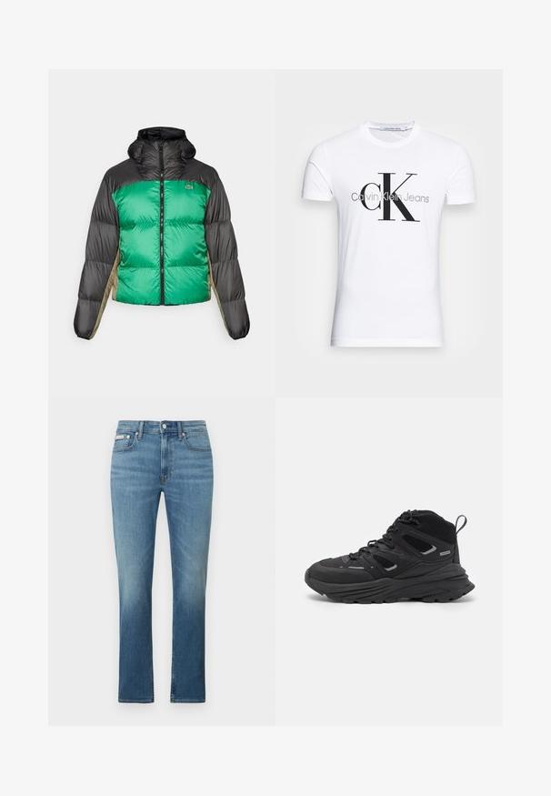 Casaco tipo puffer com frente verde, ombros pretos e painéis laterais bege. Tem um colarinho alto, fecho completo e textura almofadada.; T-shirt de algodão branco com um logotipo preto "CK" e o texto "Calvin Klein Jeans", com mangas curtas e um decote redondo clássico.; Calças de ganga azul com corte de perna reta, cintura de altura média e ligeiro desgaste, com acabamento clássico de cinco bolsos.; Botas de caminhada pretas com um design em camadas, tecido texturizado e sola de borracha, com áreas reforçadas e atacadores na frente.