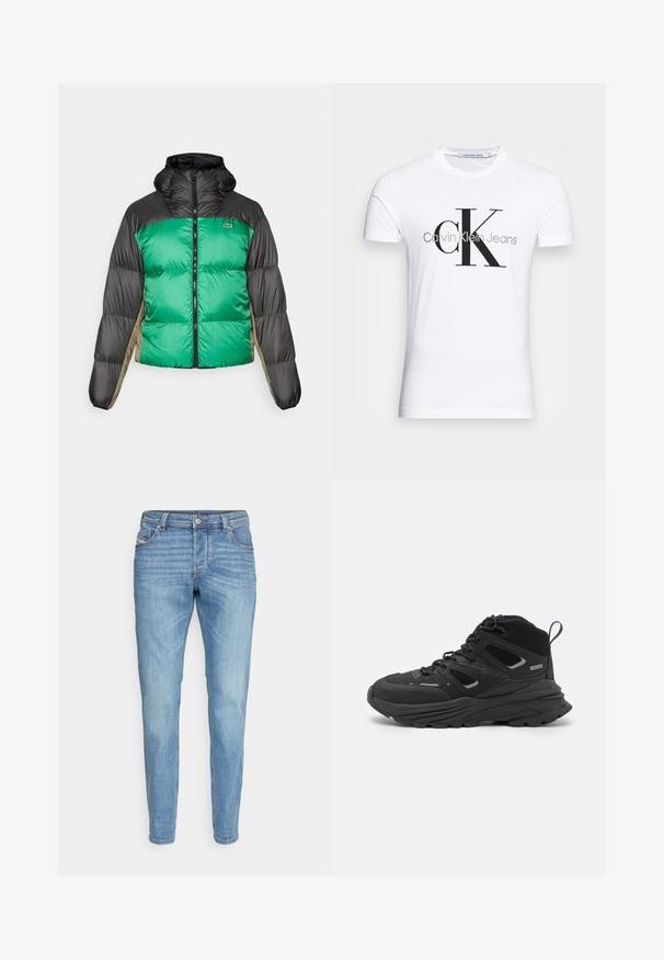 Chaqueta tipo plumón con un frente verde, hombros negros y paneles laterales beige. Tiene un collar alto, cierre completo y textura acolchada.; Camiseta de algodón blanca con un logo negro "CK" y el texto "Calvin Klein Jeans", manga corta y un clásico escote redondo.; Pantalones vaqueros de denim azul claro con un ajuste slim. Presentan un diseño de cinco bolsillos, costuras sutiles y una cinturilla clásica con un cierre de botón de metal.; Botas de senderismo negras con un diseño estratificado, tejido texturizado y suela de goma, con áreas reforzadas y cordones en la parte delantera.