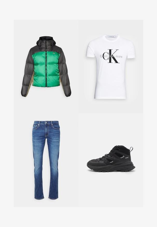 Chaqueta tipo plumón con un frente verde, hombros negros y paneles laterales beige. Tiene un collar alto, cierre completo y textura acolchada.; Camiseta de algodón blanca con un logo negro "CK" y el texto "Calvin Klein Jeans", manga corta y un clásico escote redondo.; Jeans de mezclilla azul con un diseño de pierna recta. Las características incluyen un diseño tradicional de cinco bolsillos y detalles de costura visibles.; Botas de senderismo negras con un diseño estratificado, tejido texturizado y suela de goma, con áreas reforzadas y cordones en la parte delantera.