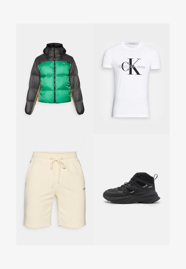 Puffjacka med grön framsida, svarta axlar och beige sidopaneler. Den har en hög krage, full dragkedja och vadderad textur.; Vit bomulls t-shirt med en svart "CK"-logotyp och texten "Calvin Klein Jeans", korta ärmar och en klassisk rund halsringning.; Krämfärgade bomullsshorts med resårmidja, dragsko, sidofickor och liten broderad logotyp på vänster fåll.; Svarta vandringsskor med ett flerskiktat mönster, texturerat tyg och gummisula, med förstärkta områden och snörning fram.