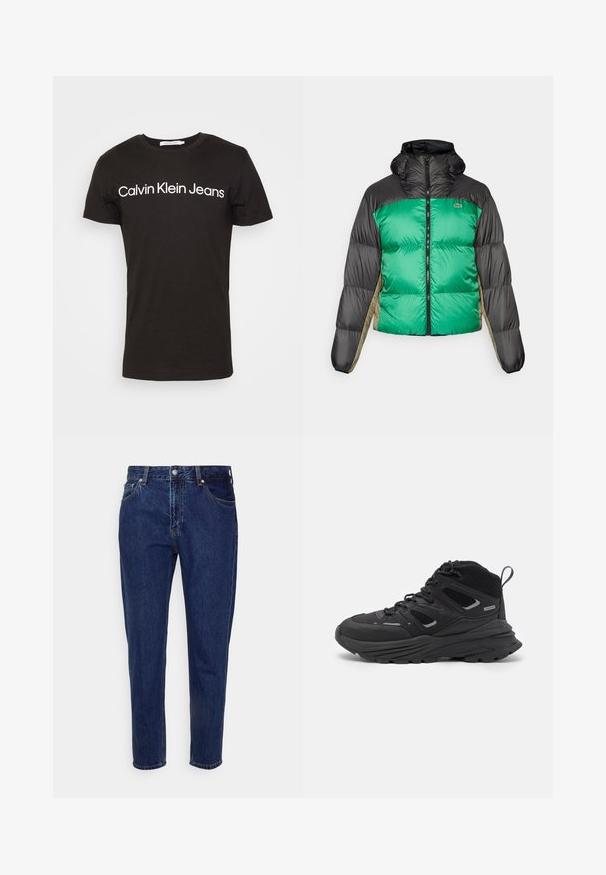 Dygsniuota striukė su žalia priekiu, juodais pečiais ir béžinėmis šoninėmis panelėmis. Ji turi aukštą apykaklę, pilną užtrauktuką ir paminkštintą struktūrą.; Juodas medvilninis marškinėliai su apvalia kaklo linija ir trumpomis rankovėmis; ant krūtinės balta "Calvin Klein Jeans" logotipas.; Tamsiai mėlyni džinsai su tiesia koja, penkiomis kišenėmis ir mygtukų užsegimu. Pasižymi nežymiu nusidėvėjimu ir siuvimo detalėmis.; Juodi žygio batai su sluoksniuota struktūra, tekstūruota medžiaga ir guma padanga, su sutvirtintomis sritimis ir raištelių užsegimu.