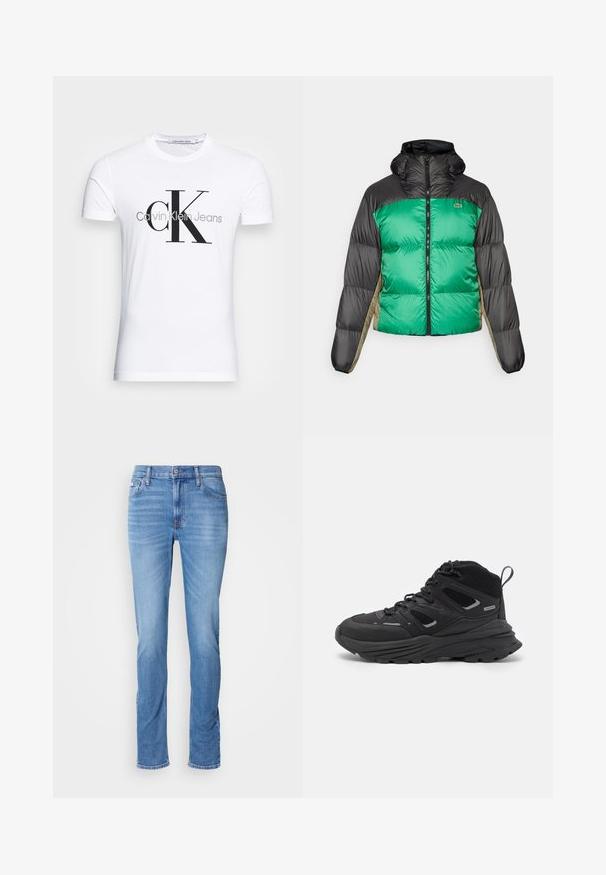 Puffjakker, millel on roheline eesmine osa, mustad õlad ja beežid külgpaneelid. Sellel on kõrge kaelus, täispikk tõmblukk ja polsterdatud tekstuur.; Valge puuvillane T-särk, millel on must "CK" logo ja "Calvin Klein Jeans" tekst, lühikesed varrukad ning klassikaline ümmargune kaelus.; Heledad sinise värvi kitsad teksad, millel on ees nupp ja tõmblukk, viis taskut ning õrn pleekimine puusadel ja põlvedel.; Mustad matkajalatsid, millel on kihiline disain, tekstureeritud kangas ja kummist tallad, tugevduskohtadega ning sidumisfront.