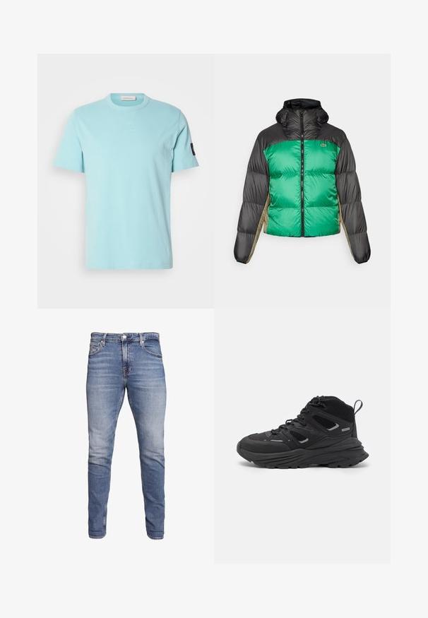Puffer bunda s zeleným předním dílem, černými rameny a béžovými bočními panely. Má vysoký límec, plný zip a polstrovanou strukturu.; Světle modré bavlněné tričko s krátkými rukávy, kulatým výstřihem a vyšitým detailem na límci. Na rukávu se nachází malé černé logo.; Modré slim-fit džíny s pěti kapsami, vybledlým umytím, zapínáním na knoflík a poutky na opasek, vystavené na bílém pozadí.; Černé turistické boty s vrstveným designem, texturovanou látkou a gumovou podešví, se zesílenými částmi a šněrovacím uzávěrem.