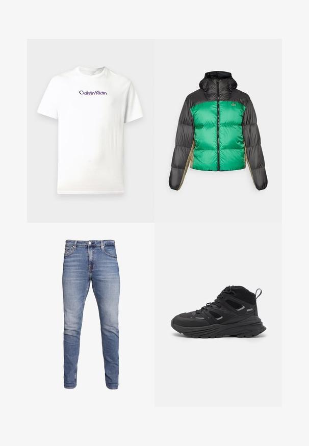 Puhasta jakna z zelenim sprednjim delom, črnimi rameni in bež stranskimi paneli. Ima visok ovratnik, popoln zadrgo in podloženo teksturo.; Bela bomba majica iz bombaža z okroglo izrezo, kratkimi rokavi in vijoličnim logotipom "Calvin Klein" natisnjenim čez prsa.; Modre slim-fit kavbojke s petimi žepi, zbledelim pranjem, gumbom za zapiranje in zankami za pas, prikazane na belem ozadju.; Črne pohodne čevlje z večplastno zasnovo, teksturirano tkanino in gumijastim podplatom, z ojačanimi deli in vezalkami spredaj.