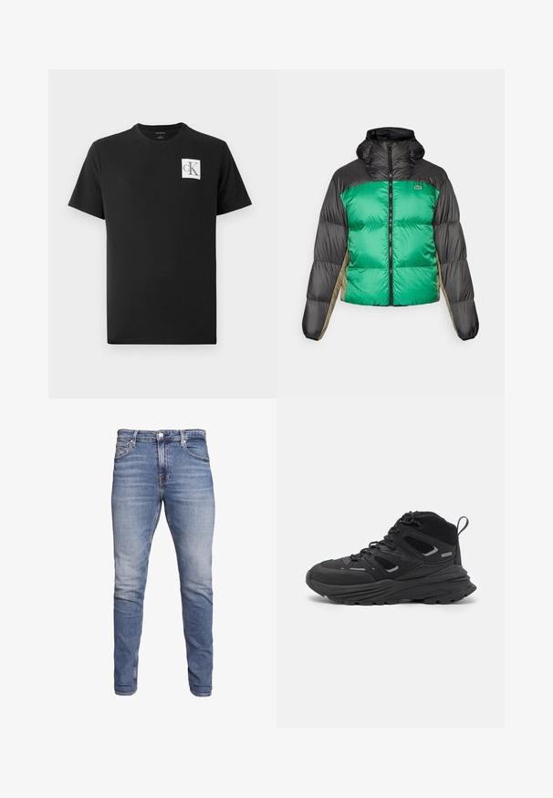 Kuisim jacket, jossa on vihreä etuosa, mustat olat ja beige sivupaneelit. Se on varustettu korkealla kauluksella, täyspitkällä vetoketjulla ja pehmeällä, topatulla pinnalla.; Musta puuvillapaita lyhyillä hihoilla ja pyöreällä kaula-aukolla. Vasemmassa rinnassa on valkoinen neliölogo, jossa on mustat kirjaimet "CK".; Siniset farkut, joissa on slim fit -leikkaus, keskihaalari, viiden taskun muotoilu, haalistunut pesu ja vaaleat kulumajäljet edessä ja takana.; Mustia vaeltajakenkiä, joissa on kerroksellinen muotoilu, teksturoitu kangas ja kumipohja. Kenkien vahvistettuja alueita ja nauhakiinnitys edessä.