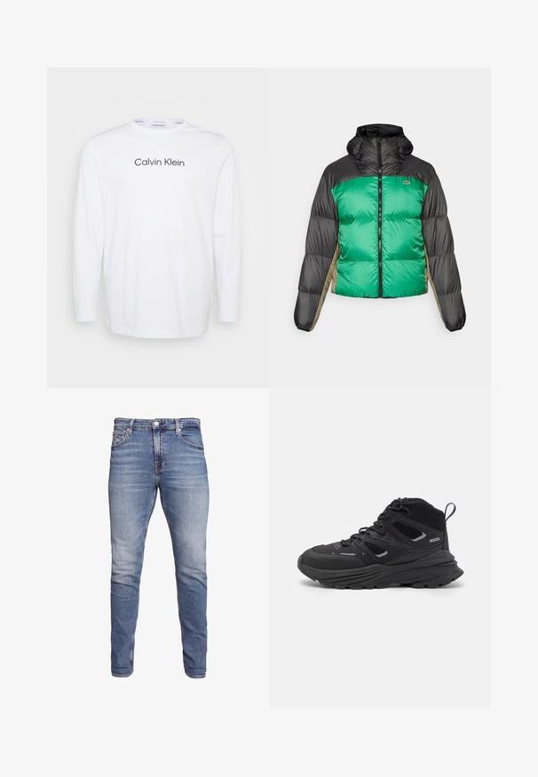 Kuisim jacket, jossa on vihreä etuosa, mustat olat ja beige sivupaneelit. Se on varustettu korkealla kauluksella, täyspitkällä vetoketjulla ja pehmeällä, topatulla pinnalla.; Pitkähiha nostomies valkoinen T-paita, joka on valmistettu puuvillasta. Siinä on pyöreä kaula-aukko ja "Calvin Klein" -logo painettuna tummanharmaana rinnassa.; Siniset slim-fit farkut, joissa on viisi taskua, haalistunut pesu, nappi suljenta ja vyölenkit, esillä valkoista taustaa vasten.; Mustia vaeltajakenkiä, joissa on kerroksellinen muotoilu, teksturoitu kangas ja kumipohja. Kenkien vahvistettuja alueita ja nauhakiinnitys edessä.