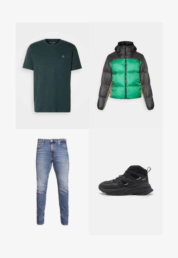 Puffer bunda s zeleným předním dílem, černými rameny a béžovými bočními panely. Má vysoký límec, plný zip a polstrovanou strukturu.; Tmavě zelené tričko z měkké tkaniny, s kulatým výstřihem a krátkými rukávy. Vyšívané logo na levé části hrudi.; Modré slim-fit džíny s pěti kapsami, vybledlým umytím, zapínáním na knoflík a poutky na opasek, vystavené na bílém pozadí.; Černé turistické boty s vrstveným designem, texturovanou látkou a gumovou podešví, se zesílenými částmi a šněrovacím uzávěrem.