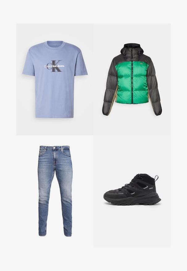 Chaqueta tipo plumón con un frente verde, hombros negros y paneles laterales beige. Tiene un collar alto, cierre completo y textura acolchada.; Camiseta de algodón azul claro con un gráfico central en blanco y negro que dice "Calvin Klein Jeans" con las iniciales 'CK' en negrita. Mangas cortas.; Vaqueros ajustados azules con cinco bolsillos, lavado desgastado, cierre de botón y presillas para cinturón, exhibidos sobre un fondo blanco.; Botas de senderismo negras con un diseño estratificado, tejido texturizado y suela de goma, con áreas reforzadas y cordones en la parte delantera.