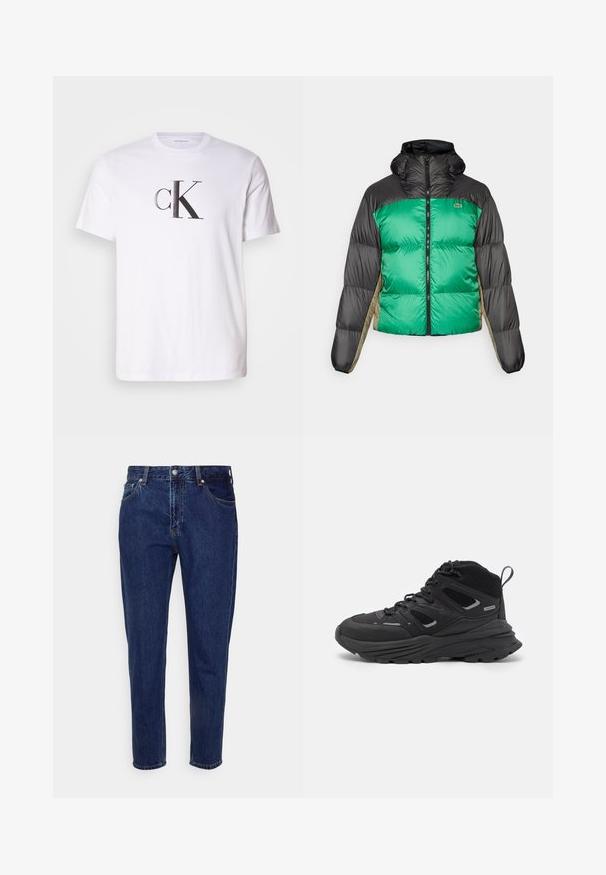 Puffer bunda s zeleným předním dílem, černými rameny a béžovými bočními panely. Má vysoký límec, plný zip a polstrovanou strukturu.; Bílý bavlněný tričko s výrazným černým logem 'cK' v tučném písmu na přední straně. Krátké rukávy s klasickým kulatým výstřihem.; Tmavě modré džíny z denimu s rovným střihem, pěti kapsami a zapínáním na knoflík. Obsahují jemné vyblednutí a detaily šití.; Černé turistické boty s vrstveným designem, texturovanou látkou a gumovou podešví, se zesílenými částmi a šněrovacím uzávěrem.
