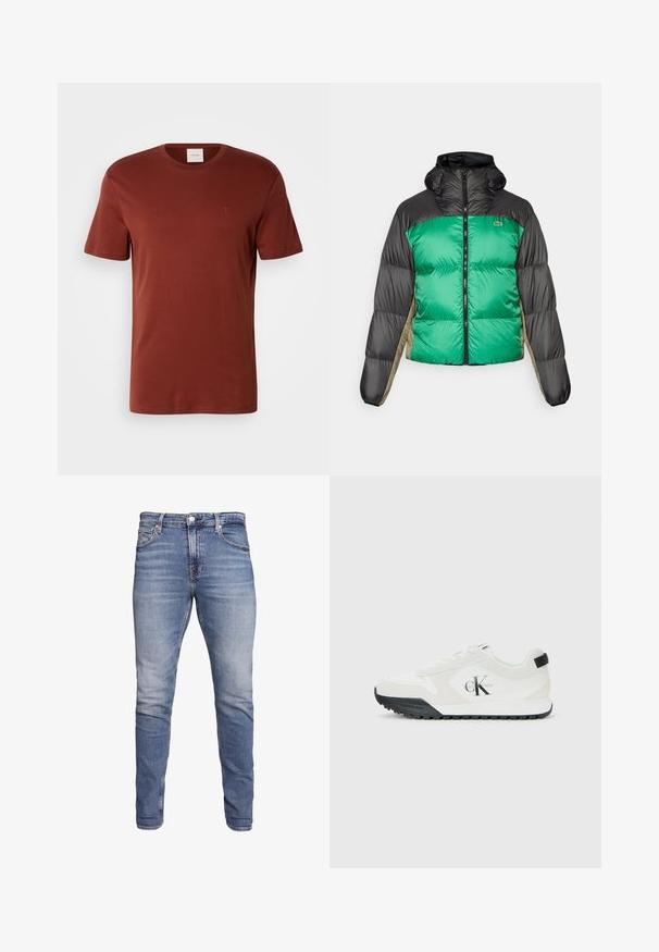 Puffer jacket featuring a green front, black shoulders, and beige side panels. It has a high collar, full zip, and padded texture.; Rust-colored short-sleeved t-shirt made of soft cotton, featuring a round neckline and a small logo on the chest. Smooth texture.; Blue slim-fit jeans with five pockets, faded wash, button closure, and belt loops, displayed against a white background.; Calvin Klein white sneaker with black sole, suede and mesh panels, CK logo on side, and Calvin Klein branding on heel and sole.