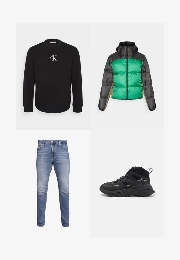 Casaco tipo puffer com frente verde, ombros pretos e painéis laterais bege. Tem um colarinho alto, fecho completo e textura almofadada.; Sweatshirt preto de mangas longas com decote redondo, textura waffle e logotipo e letras brancas da Calvin Klein Jeans no peito.; Calvin Klein Jeans SLIM TAPER - Calças de ganga justas - dark blue; Botas de caminhada pretas com um design em camadas, tecido texturizado e sola de borracha, com áreas reforçadas e atacadores na frente.