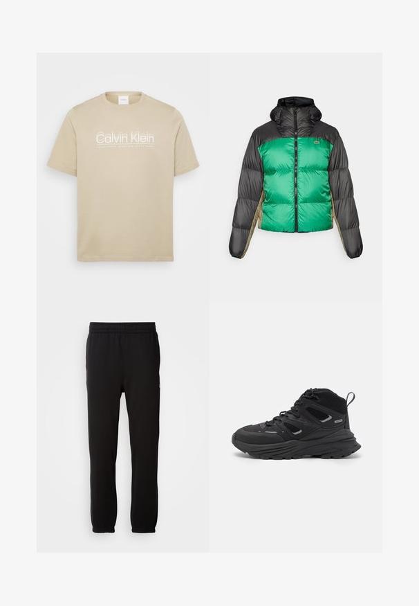 Puffer jacket featuring a green front, black shoulders, and beige side panels. It has a high collar, full zip, and padded texture.; Beige cotton t-shirt, crew neckline, short sleeves, featuring white "Calvin Klein" text with establishment date. Smooth texture, simple design.; Black sweatpants made of soft fabric, featuring an elastic waistband, cuffed hems, and a small logo detail on the side.; Black hiking shoes featuring a layered design, textured fabric, and rubber sole, with reinforced areas and a lace-up front.