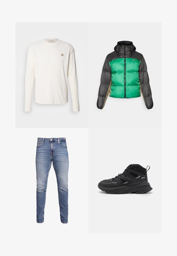 Puffer jacket featuring a green front, black shoulders, and beige side panels. It has a high collar, full zip, and padded texture.; Long-sleeve white thermal top with ribbed texture, featuring a small beige logo patch on the chest and fitted cuffs.; Calvin Klein Jeans SLIM TAPER - Slim fit jeans - dark blue; Black hiking shoes featuring a layered design, textured fabric, and rubber sole, with reinforced areas and a lace-up front.