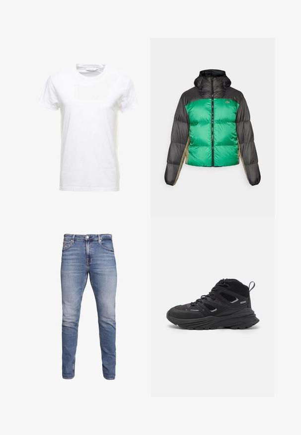 Kuisim jacket, jossa on vihreä etuosa, mustat olat ja beige sivupaneelit. Se on varustettu korkealla kauluksella, täyspitkällä vetoketjulla ja pehmeällä, topatulla pinnalla.; Valkoinen puuvillapaita lyhythihaisilla hihoilla, pyöreällä kaula-aukolla ja sileällä pinnalla. Tämä malli on merkitty kaula-aukossa. Yksinkertainen ja klassinen tyyli.; Siniset slim-fit farkut, joissa on viisi taskua, haalistunut pesu, nappi suljenta ja vyölenkit, esillä valkoista taustaa vasten.; Mustia vaeltajakenkiä, joissa on kerroksellinen muotoilu, teksturoitu kangas ja kumipohja. Kenkien vahvistettuja alueita ja nauhakiinnitys edessä.