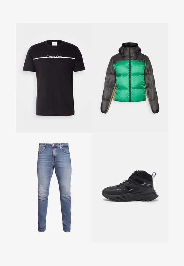 Puffer bunda s zeleným předním dílem, černými rameny a béžovými bočními panely. Má vysoký límec, plný zip a polstrovanou strukturu.; Černé bavlněné tričko s krátkými rukávy, s bílým vodorovným pruhom a logem "Calvin Klein" na hrudi. Kulatý výstřih.; Modré slim-fit džíny s pěti kapsami, vybledlým umytím, zapínáním na knoflík a poutky na opasek, vystavené na bílém pozadí.; Černé turistické boty s vrstveným designem, texturovanou látkou a gumovou podešví, se zesílenými částmi a šněrovacím uzávěrem.