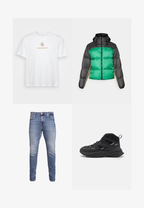 Casaco tipo puffer com frente verde, ombros pretos e painéis laterais bege. Tem um colarinho alto, fecho completo e textura almofadada.; T-shirt branca de algodão com decote redondo e mangas curtas, com um logótipo dourado "CK" e o texto "Calvin Klein Jeans" impressos na frente.; Jeans de ganga azul com um corte slim, cintura média, design de cinco bolsos, lavagem desbotada e leve desgaste na frente e nas costas.; Botas de caminhada pretas com um design em camadas, tecido texturizado e sola de borracha, com áreas reforçadas e atacadores na frente.