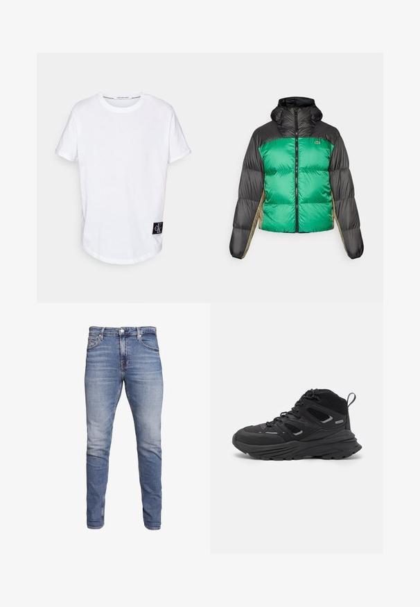 Puffer bunda s zeleným předním dílem, černými rameny a béžovými bočními panely. Má vysoký límec, plný zip a polstrovanou strukturu.; Bílý bavlněný tričko s krátkými rukávy, zaobleným lemem a černou logovou nášivkou s nápisem "CK" na dolním levém rohu.; Modré slim-fit džíny s pěti kapsami, vybledlým umytím, zapínáním na knoflík a poutky na opasek, vystavené na bílém pozadí.; Černé turistické boty s vrstveným designem, texturovanou látkou a gumovou podešví, se zesílenými částmi a šněrovacím uzávěrem.