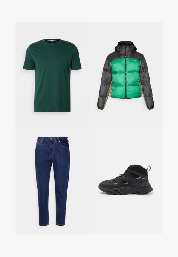 Pufi dzseki zöld elülső résszel, fekete vállpántokkal és bézs oldalsó panelekével. Magas gallérral, teljes cipzárral és párnázott anyaggal rendelkezik.; BOSS THOMPSON - Basic póló - open green; Sötétkék farmernadrág egyenes szárú szabással, öt zsebbel és gombos cipzárral. Finom elhalványulásokkal és varrási részletekkel rendelkezik.; Fekete túracipő rétegezett kialakítással, texturált anyaggal és gumitalppal, megerősített részekkel és fűzős elülső résszel.