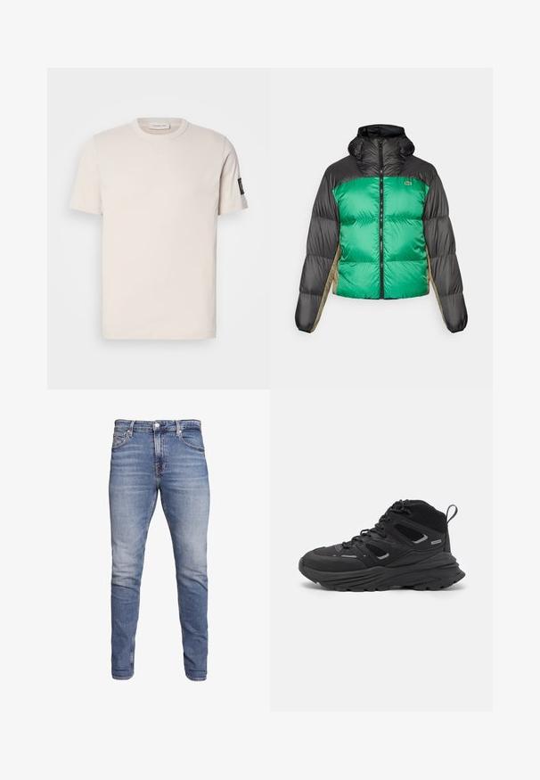 Puffer jacket featuring a green front, black shoulders, and beige side panels. It has a high collar, full zip, and padded texture.; Light beige cotton t-shirt with a round neckline, short sleeves, and a small black logo patch on the left sleeve. Smooth texture.; Blue slim-fit jeans with five pockets, faded wash, button closure, and belt loops, displayed against a white background.; Black hiking shoes featuring a layered design, textured fabric, and rubber sole, with reinforced areas and a lace-up front.