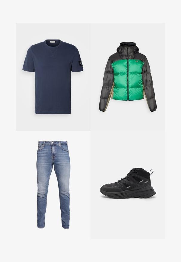 Chaqueta tipo plumón con un frente verde, hombros negros y paneles laterales beige. Tiene un collar alto, cierre completo y textura acolchada.; Calvin Klein Jeans BADGE REGULAR TEE - Camiseta básica - ink; Vaqueros de mezclilla azul con corte ajustado, cintura de altura media, diseño de cinco bolsillos, lavado desgastado y ligeras arrugas en la parte delantera y trasera.; Botas de senderismo negras con un diseño estratificado, tejido texturizado y suela de goma, con áreas reforzadas y cordones en la parte delantera.