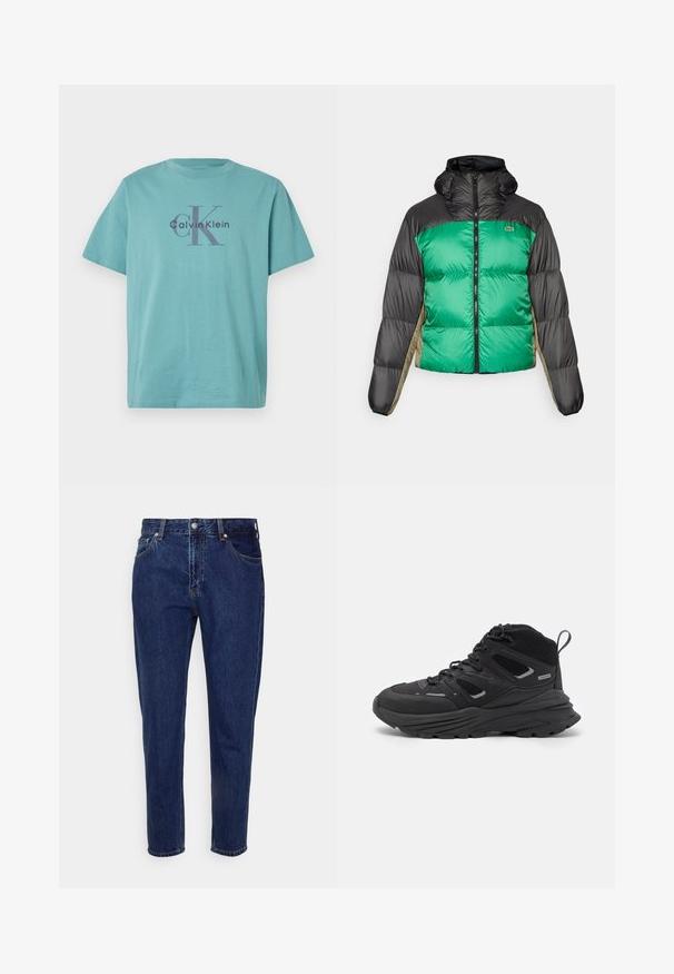 Kurtka puchowa z zielonym przodem, czarnymi ramionami i beżowymi panelami bocznymi. Posiada wysoki kołnierz, zamek błyskawiczny na całej długości oraz pikowaną teksturę.; Turkusowa bawełniana koszulka z logo "Calvin Klein" oraz emblematem "cK" w ciemnoszarym kolorze na środku. Standardowy, okrągły dekolt oraz krótkie rękawy.; Granatowe dżinsy o prostym kroju nogawki, pięć kieszeni i zapięcie na guziki. Posiadają delikatne przetarcia i detale w szyciu.; Czarne buty trekkingowe z warstwowym wzornictwem, teksturowanym materiałem i gumową podeszwą, z wzmocnionymi obszarami i sznurowanym przodem.