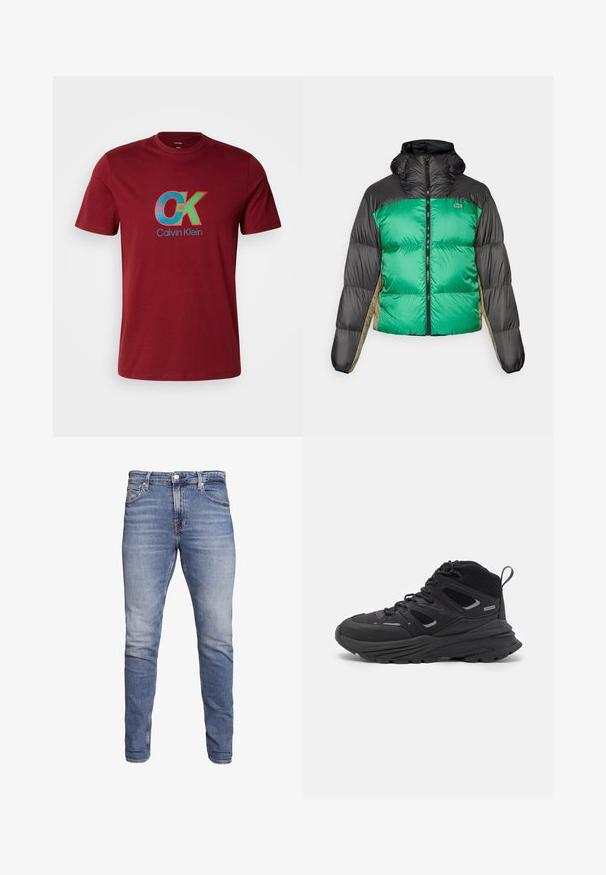 Puffer bunda s zeleným předním dílem, černými rameny a béžovými bočními panely. Má vysoký límec, plný zip a polstrovanou strukturu.; Tmavě červené bavlněné tričko s modro-zeleným grafickým logem "CK" s kulatými akcenty, krátkými rukávy a designem s kruhovým výstřihem.; Modré slim-fit džíny s pěti kapsami, vybledlým umytím, zapínáním na knoflík a poutky na opasek, vystavené na bílém pozadí.; Černé turistické boty s vrstveným designem, texturovanou látkou a gumovou podešví, se zesílenými částmi a šněrovacím uzávěrem.