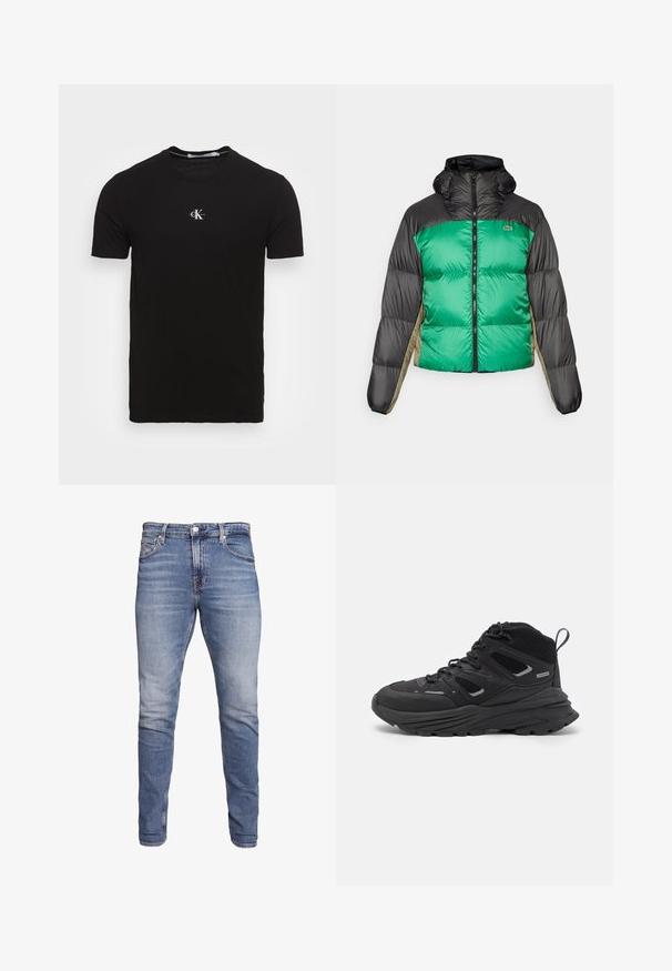 Puffer jacket featuring a green front, black shoulders, and beige side panels. It has a high collar, full zip, and padded texture.; Black cotton t-shirt with short sleeves, round neckline, and a small white logo on the upper left side. Smooth texture, standard fit.; Blue slim-fit jeans with five pockets, faded wash, button closure, and belt loops, displayed against a white background.; Black hiking shoes featuring a layered design, textured fabric, and rubber sole, with reinforced areas and a lace-up front.