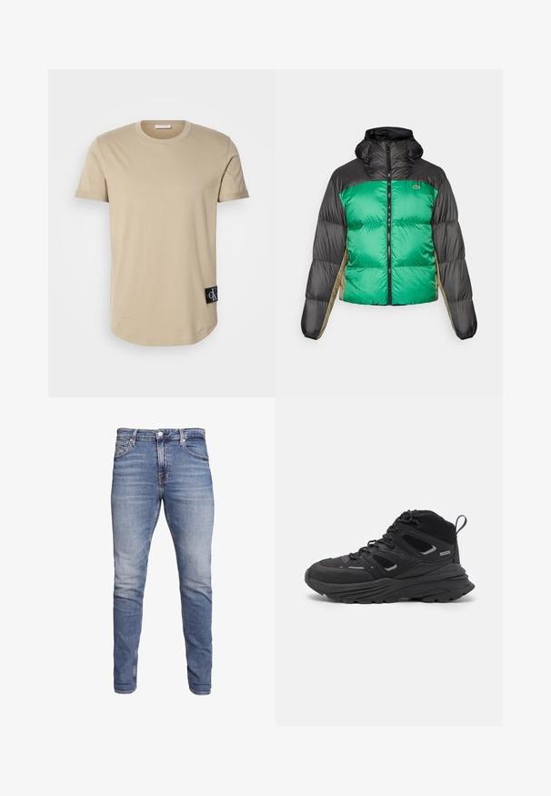 Casaco tipo puffer com frente verde, ombros pretos e painéis laterais bege. Tem um colarinho alto, fecho completo e textura almofadada.; T-shirt de algodão bege com decote redondo, mangas curtas e bainha arredondada. Apresenta uma etiqueta preta no lado inferior esquerdo.; Jeans slim fit azuis com cinco bolsos, lavagem desbotada, fecho de botão e passadores de cinto, expostos contra um fundo branco.; Botas de caminhada pretas com um design em camadas, tecido texturizado e sola de borracha, com áreas reforçadas e atacadores na frente.