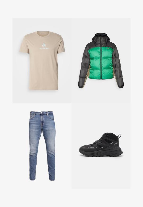 Puhasta jakna z zelenim sprednjim delom, črnimi rameni in bež stranskimi paneli. Ima visok ovratnik, popoln zadrgo in podloženo teksturo.; Bežna bombažna majica s kratkimi rukavi in krožnim izrezom. Spredaj je prikazan modri logo z napisi "CK" in "Calvin Klein Jeans".; Modre slim-fit kavbojke s petimi žepi, zbledelim pranjem, gumbom za zapiranje in zankami za pas, prikazane na belem ozadju.; Črne pohodne čevlje z večplastno zasnovo, teksturirano tkanino in gumijastim podplatom, z ojačanimi deli in vezalkami spredaj.